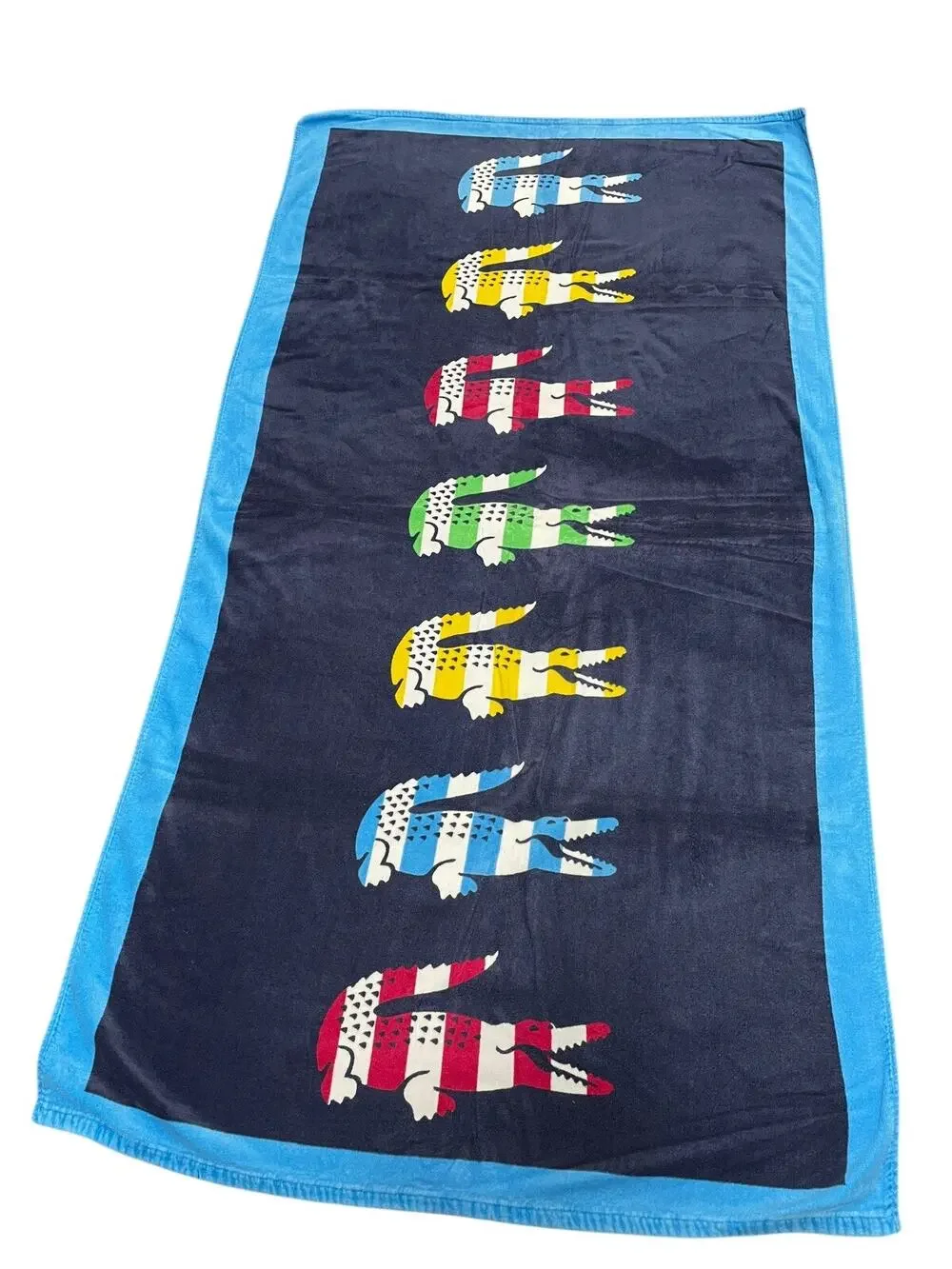 Lacoste Blue Beach Towel Striped Alligator Preppy Cotton